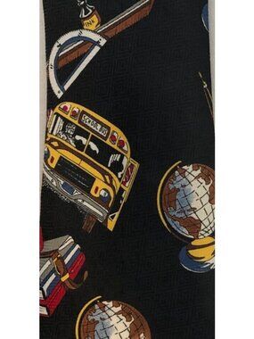Fratello Neck Tie Black w Yellow School Buses Globes Books 3.75 in W 56 in L